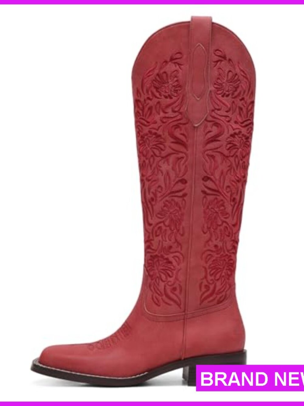 Embroidered Western Knee High Boots Square Toe Low Heel Pull On Cowgirl - Picture 4 of 6